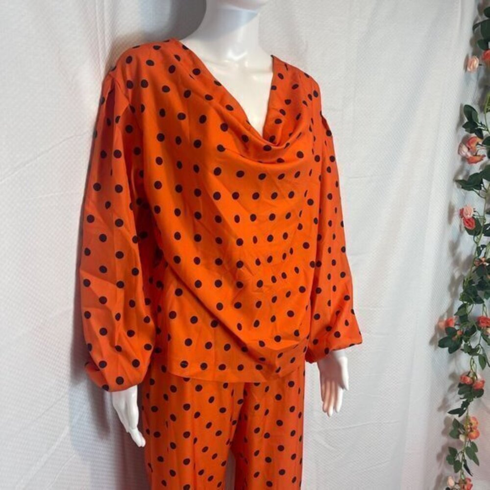 Two Piece Set Polka Dot Print Lantern Sleeve Top & Wide leg Pants Size M‎ - Picture 10 of 16